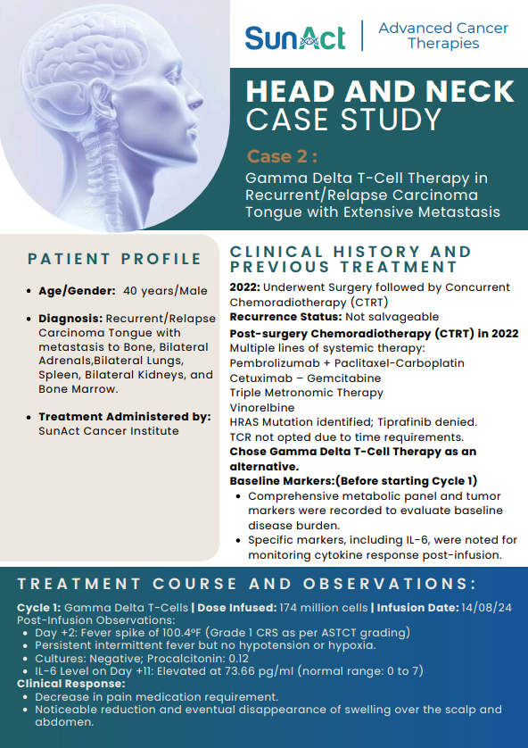 SunAct case study featuring gamma delta T-cell therapy for recurrent tongue carcinoma with extensive metastasis