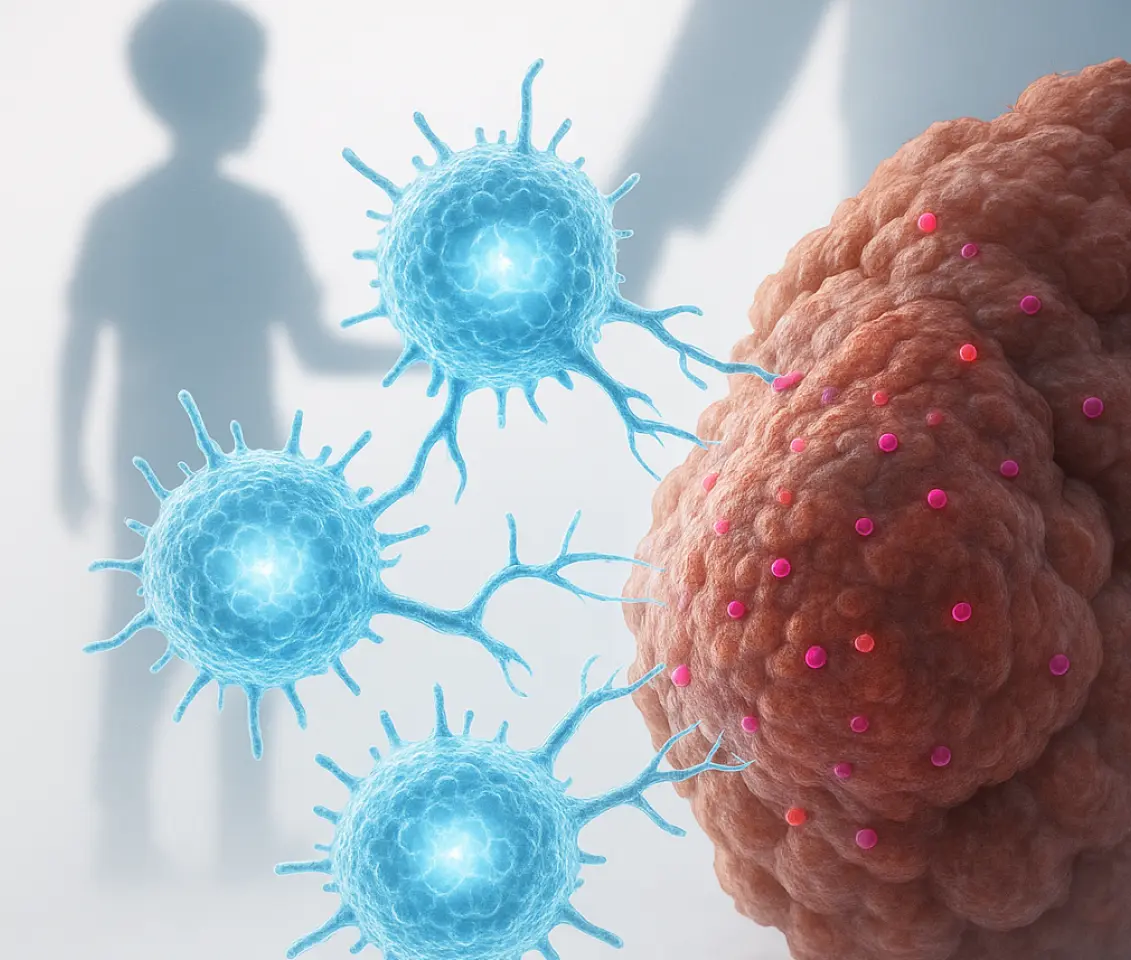 Immune cells attacking rhabdomyosarcoma cells concept image for childhood cancer treatment innovations